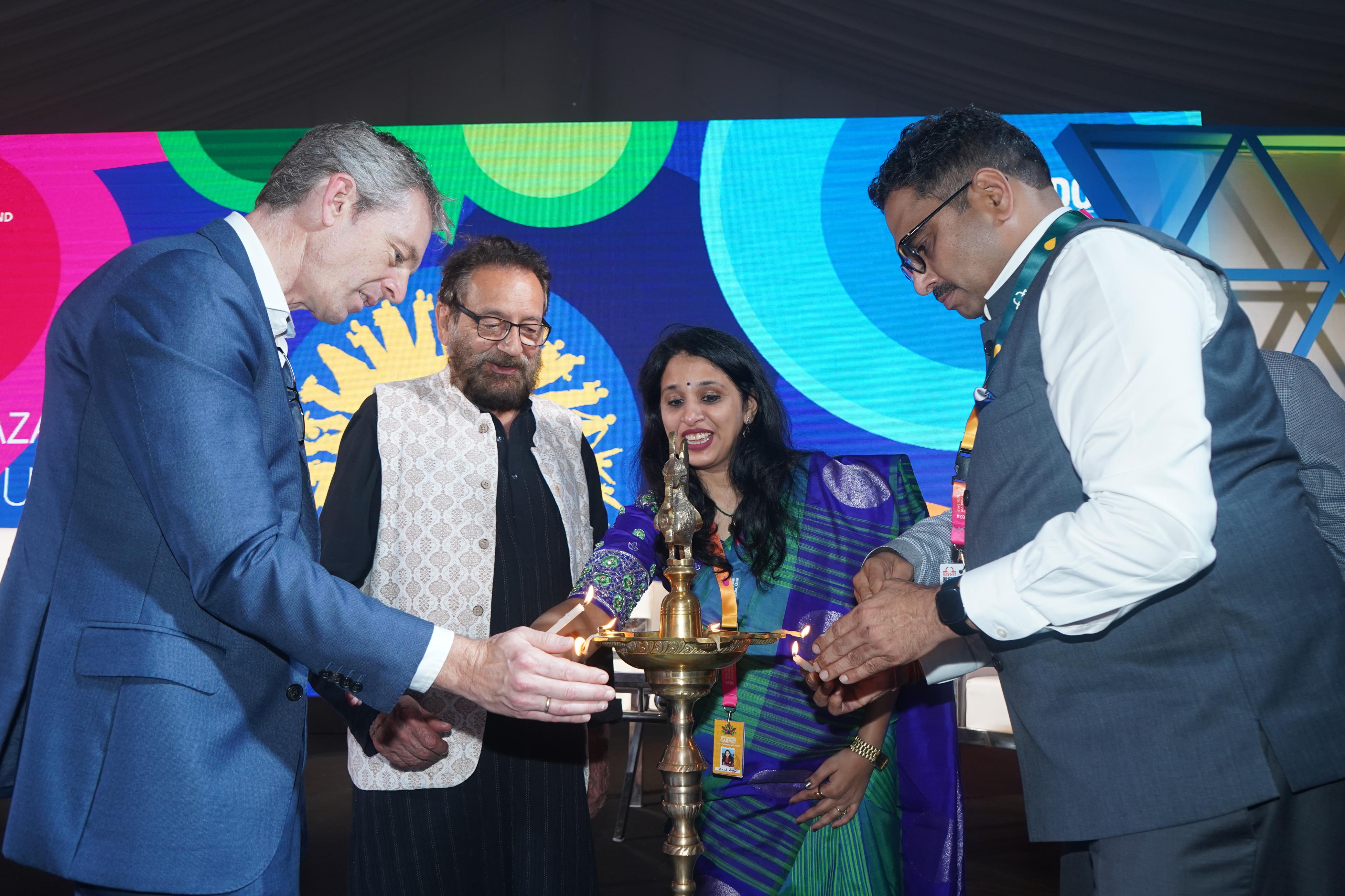 Nicholas McCaffrey, Deputy High Commissioner to India for Australia, Shekhar Kapur, IFFI Festival Director, Vrunda Manohar Desai, Joint Secretary, Ministry of I&B and Sanjay Jaju, Secretary, Ministry of I&B at Film Bazaar inauguration.